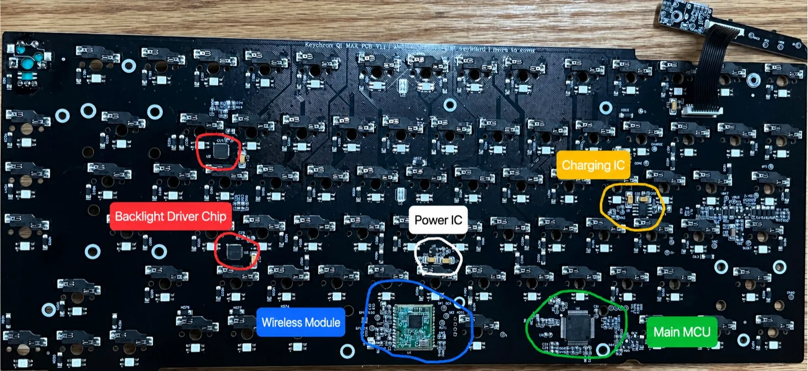 Keychron Q1 Max PCB with the LED driver chip, power IC, charging IC, wireless module and MCU labeled
