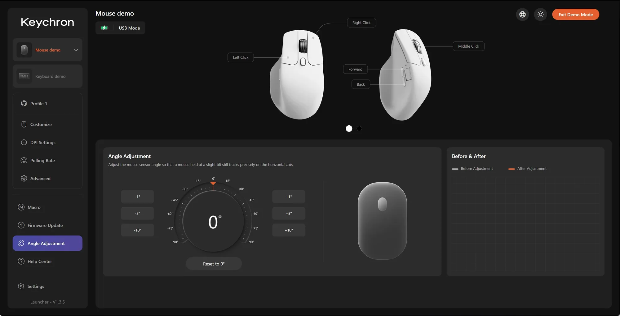 Angle Adjustment panel in the Keychron Launcher