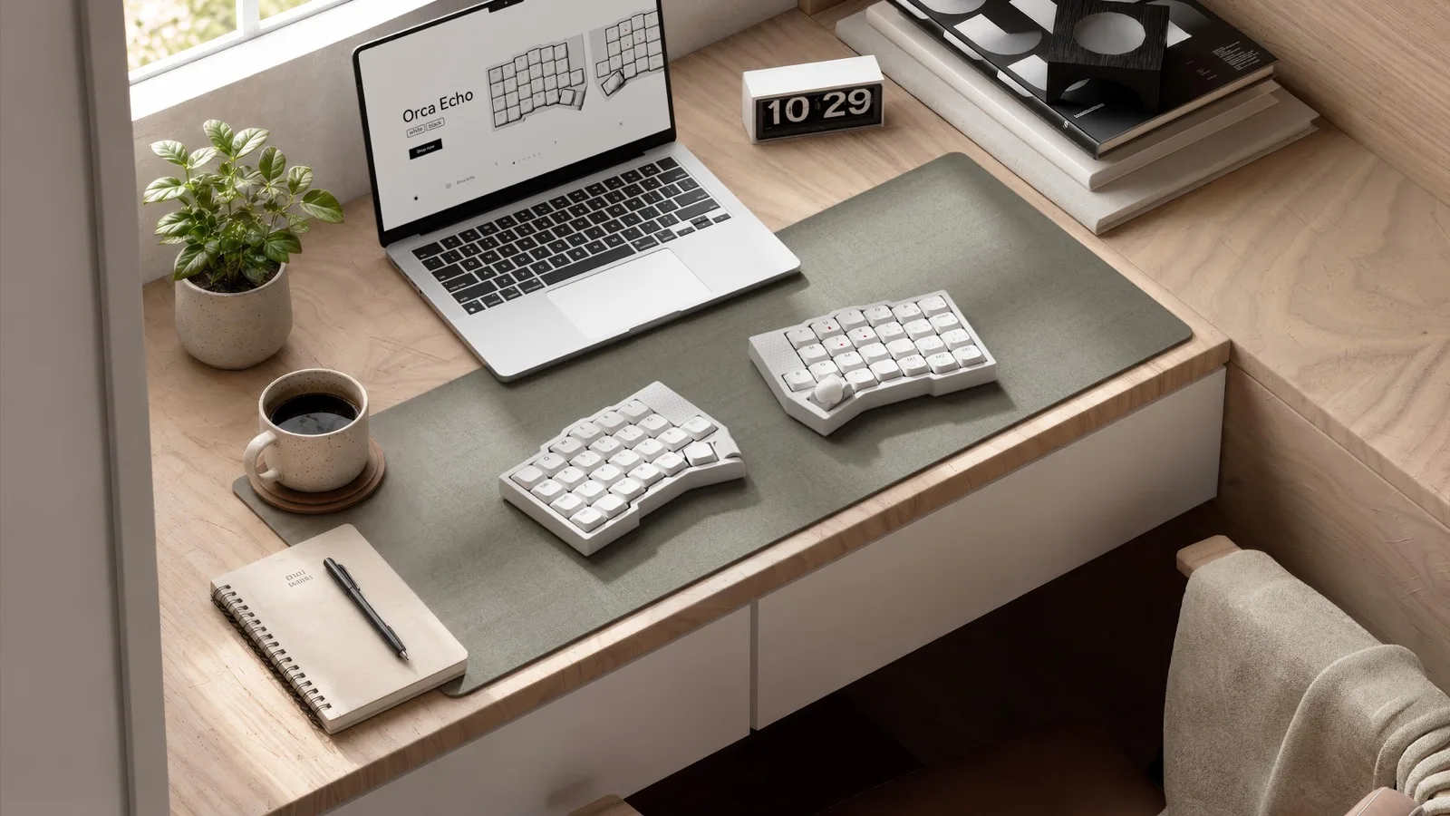 Orca Echo ergonomic split on a desk with a laptop