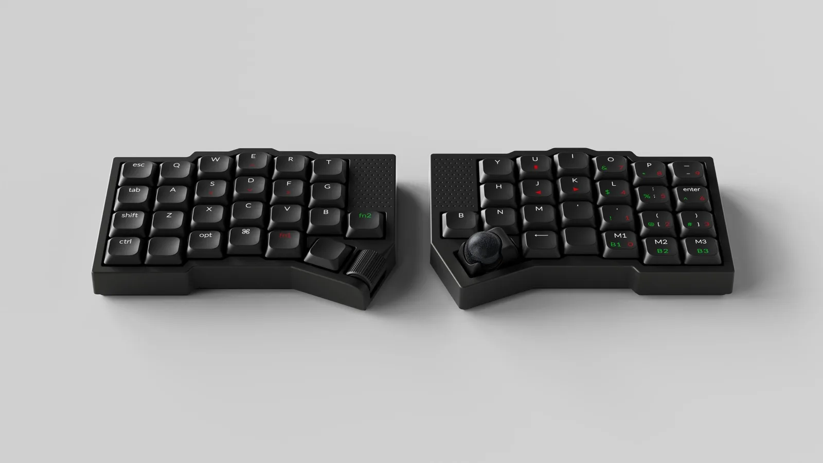 Orca Echo — both halves showing the built-in trackball and scroll controls