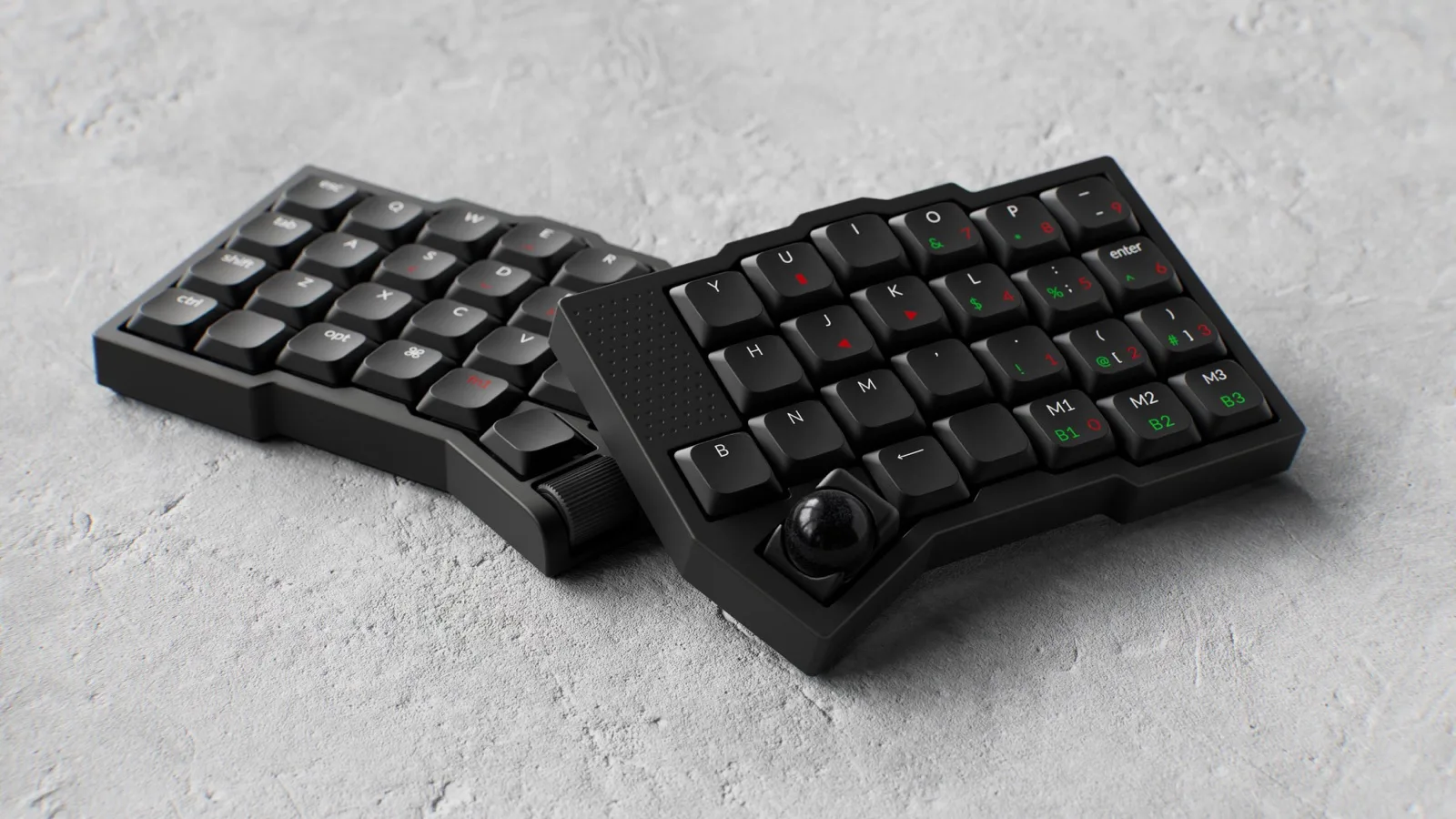 Orca Echo close-up showing keys and thumb trackball